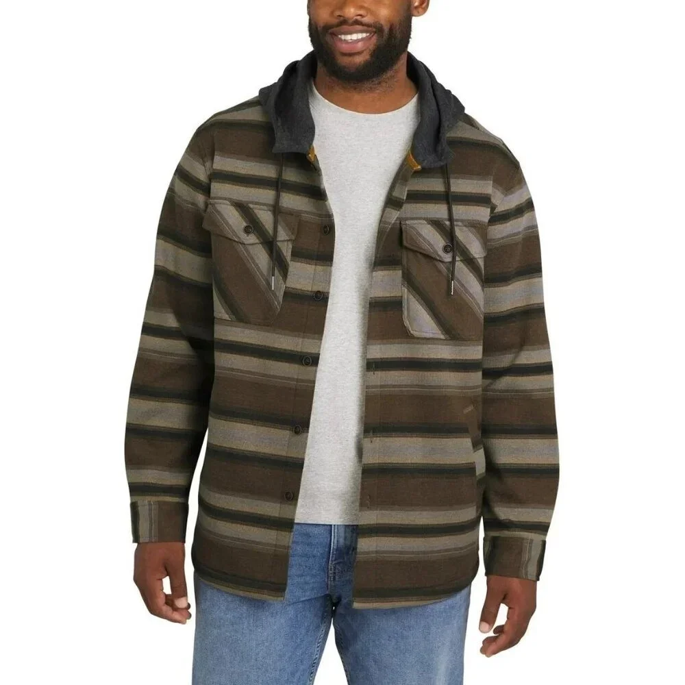 NEW Quiksilver Men's M Hooded Flannel Shirt Jacket Tan Striped Button Up G1600